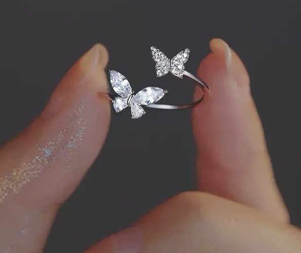 925 Sterling Silver - Double Butterfly Adjustable Ring