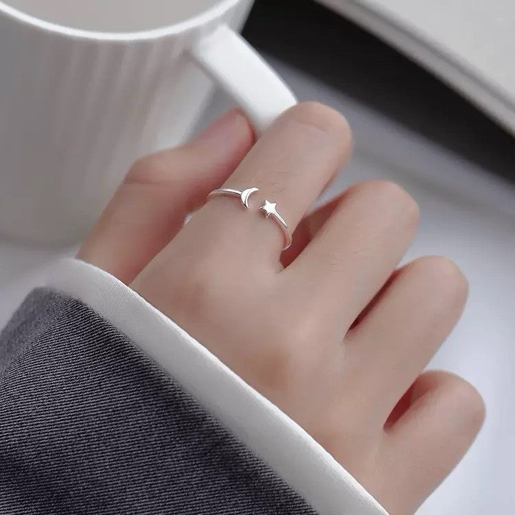 925 Sterling Silver Moon Star Adjustable Ring