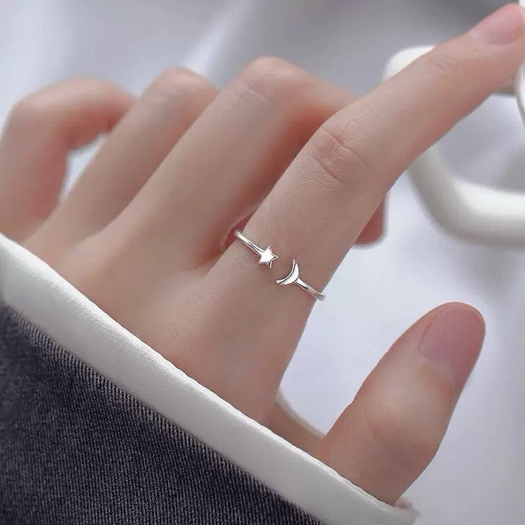 925 Sterling Silver Moon Star Adjustable Ring