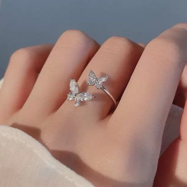 925 Sterling Silver - Double Butterfly Adjustable Ring