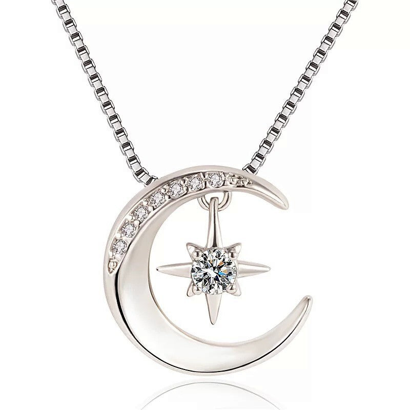 925 Sterling Silver Crystal Moon Star Necklace