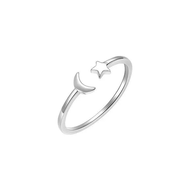925 Sterling Silver Moon Star Adjustable Ring