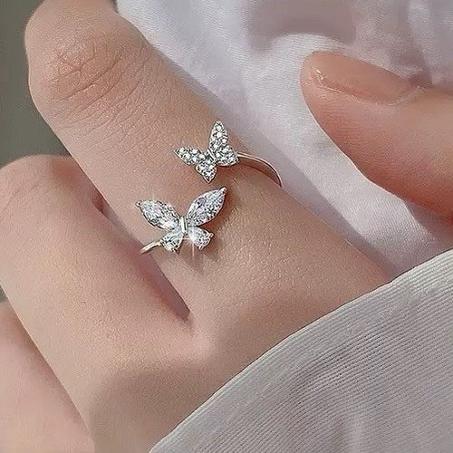 925 Sterling Silver - Double Butterfly Adjustable Ring