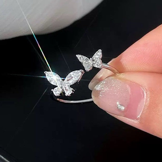 925 Sterling Silver - Double Butterfly Adjustable Ring
