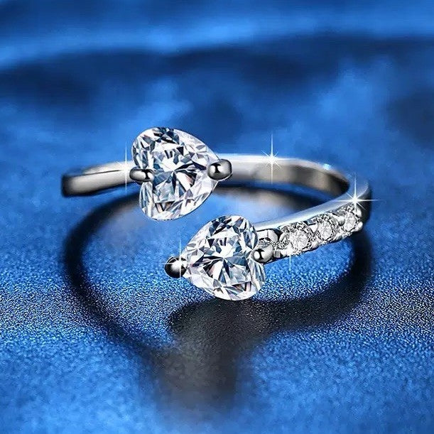 925 Sterling Silver Double Heart Adjustable Ring