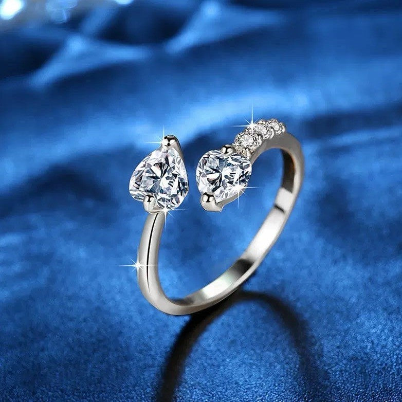 925 Sterling Silver Double Heart Adjustable Ring