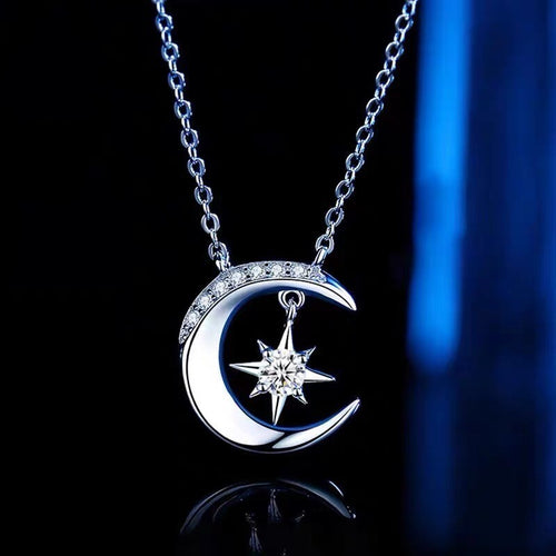 925 Sterling Silver Crystal Moon Star Necklace