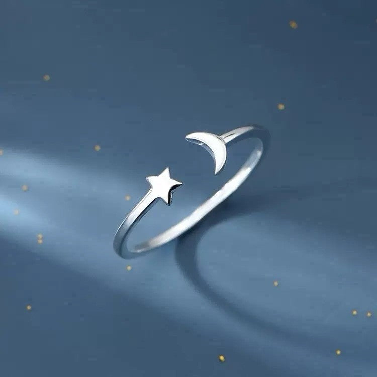 925 Sterling Silver Moon Star Adjustable Ring