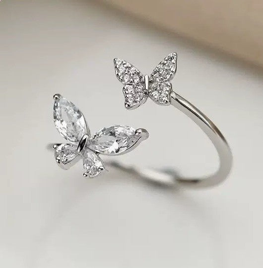 925 Sterling Silver - Double Butterfly Adjustable Ring